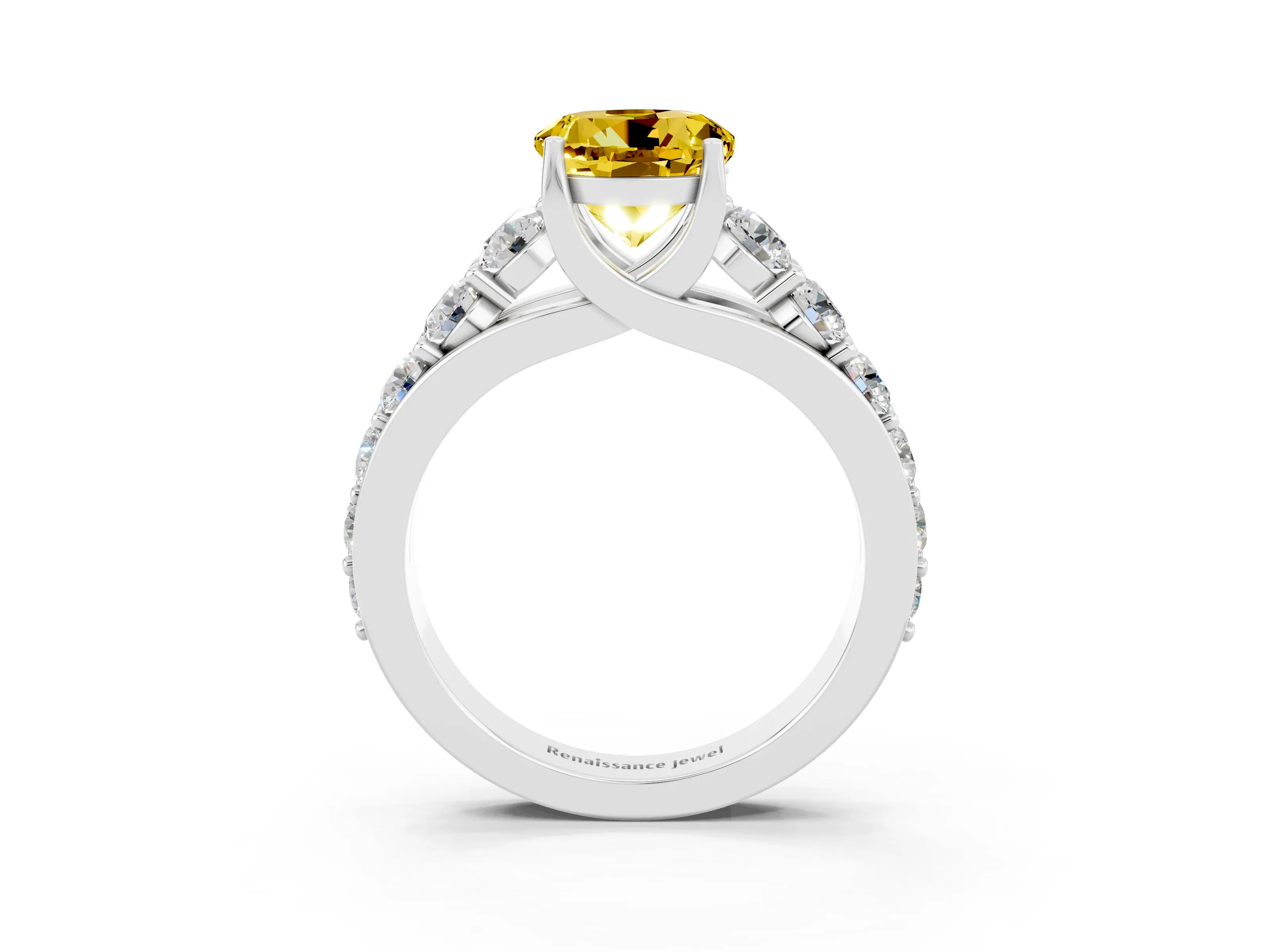 White gold Round Cut Yellow Sapphire Engagement Ring with Pavé Band and Four-Prong Setting_3