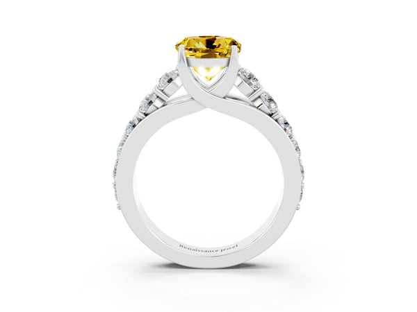 Silver Round Cut Yellow Sapphire Engagement Ring with Pavé Band and Four-Prong Setting