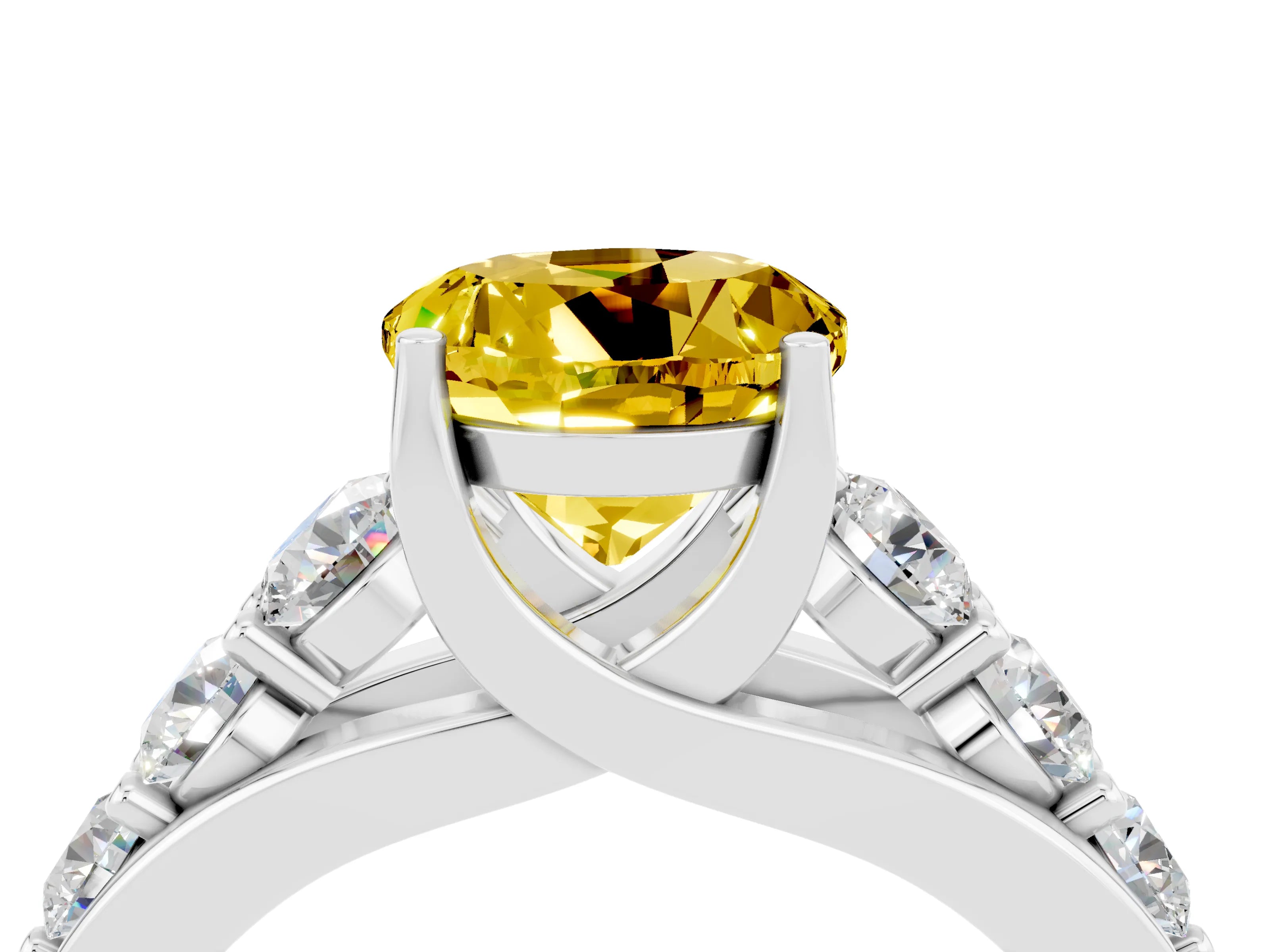 White gold Round Cut Yellow Sapphire Engagement Ring with Pavé Band and Four-Prong Setting_4
