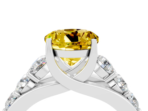 White gold Round Cut Yellow Sapphire Engagement Ring with Pavé Band and Four-Prong Setting_4
