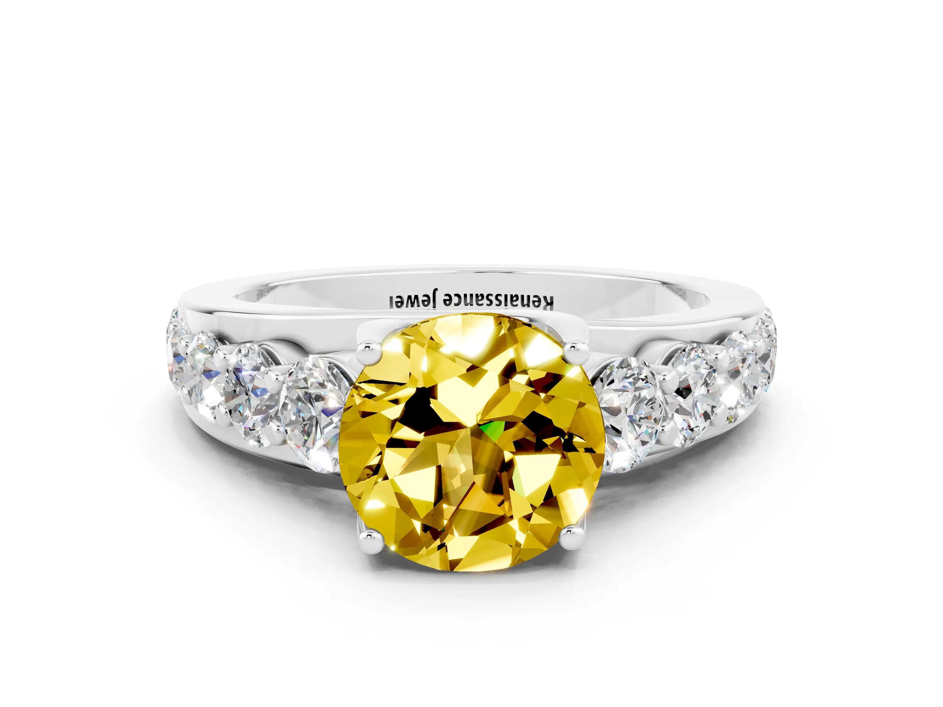 White gold Round Cut Yellow Sapphire Engagement Ring with Pavé Band and Four-Prong Setting
