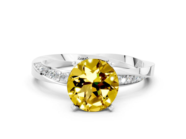 White gold Round Cut Yellow Sapphire Engagement Ring with Side Stone Accents and Four-Prong Setting