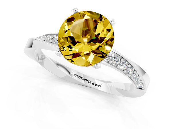 White gold Round Cut Yellow Sapphire Engagement Ring with Side Stone Accents and Four-Prong Setting