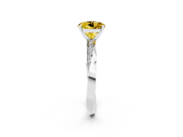 White gold Round Cut Yellow Sapphire Engagement Ring with Side Stone Accents and Four-Prong Setting