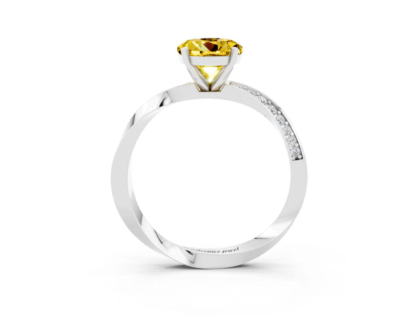 White gold Round Cut Yellow Sapphire Engagement Ring with Side Stone Accents and Four-Prong Setting
