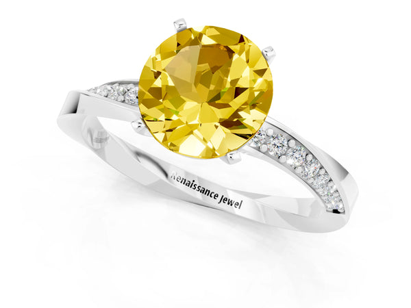 Platinum Round Cut Yellow Sapphire Engagement Ring with Side Stone Accents and Four-Prong Setting