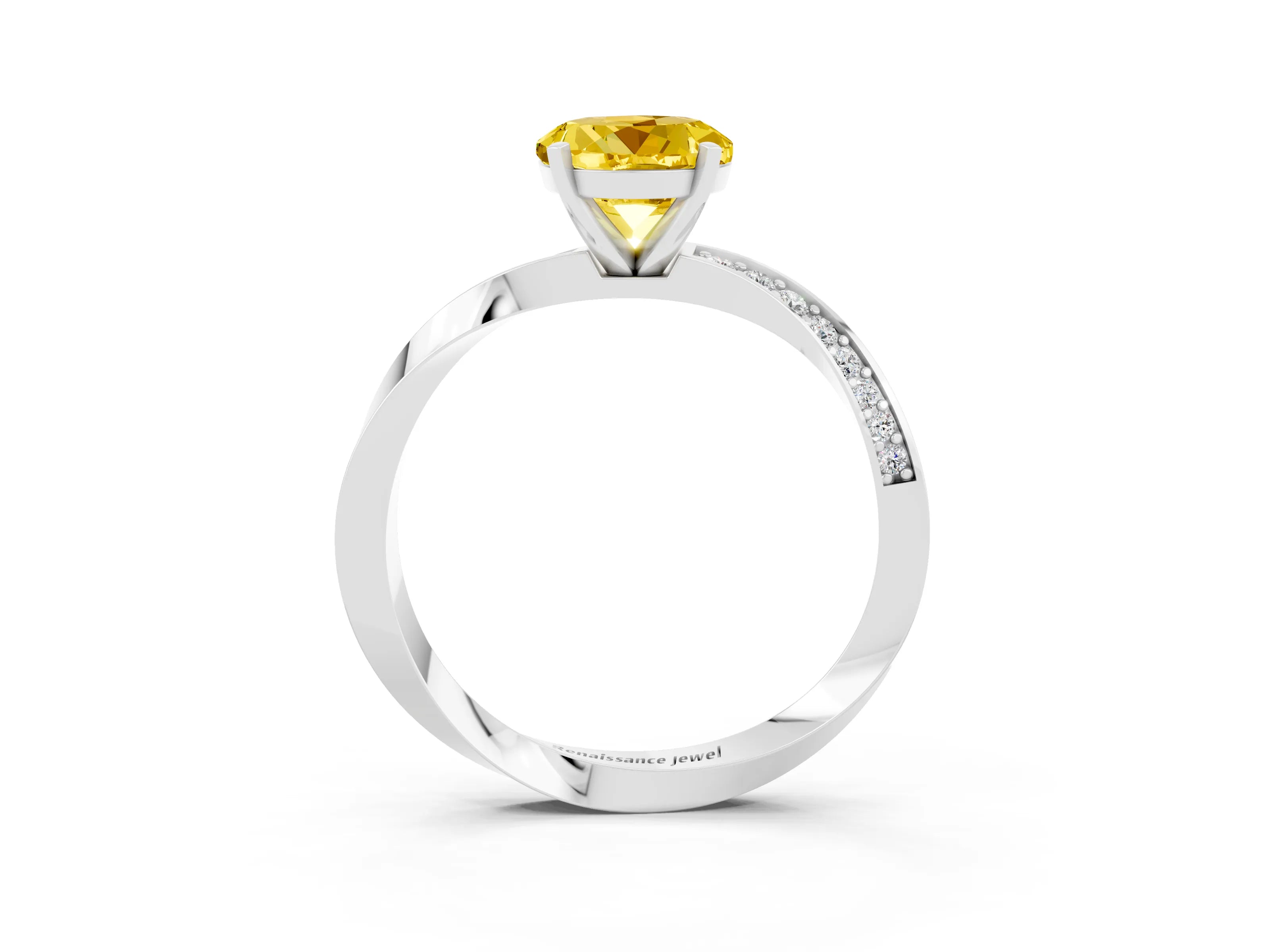 White gold Round Cut Yellow Sapphire Engagement Ring with Side Stone Accents and Four-Prong Setting_54