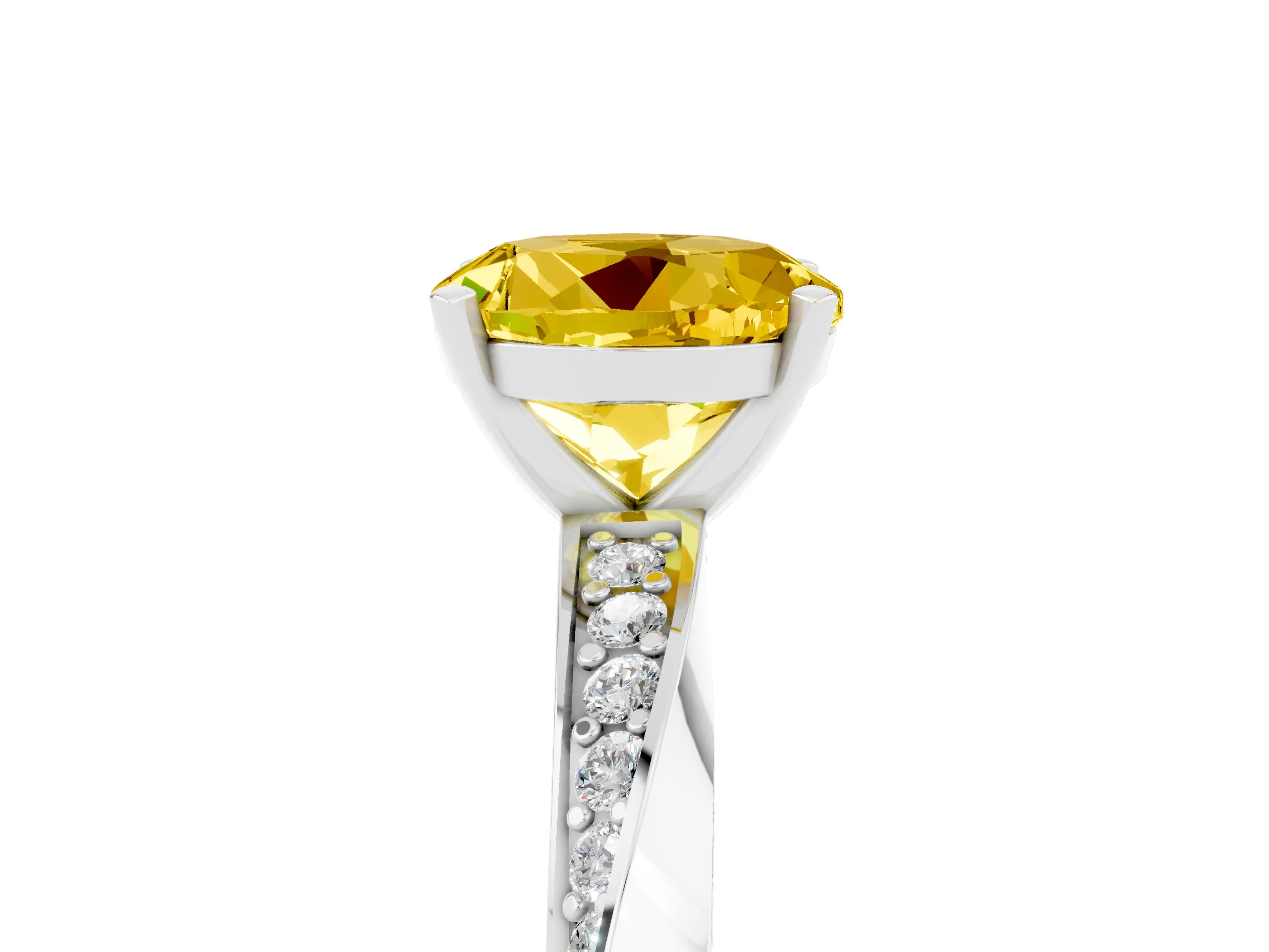 White gold Round Cut Yellow Sapphire Engagement Ring with Side Stone Accents and Four-Prong Setting_56