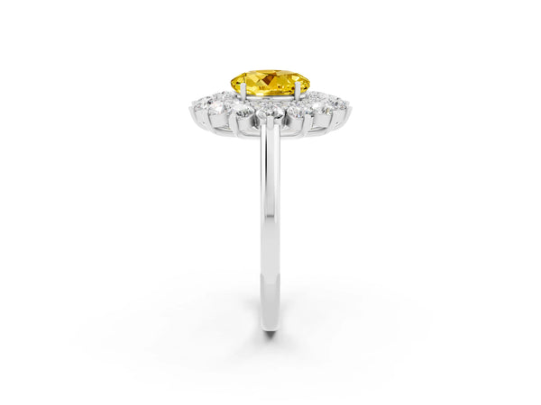 White gold Round Cut Yellow Sapphire Floral Double Halo Engagement Ring with Prong Setting