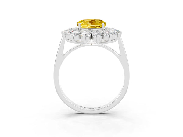 White gold Round Cut Yellow Sapphire Floral Double Halo Engagement Ring with Prong Setting