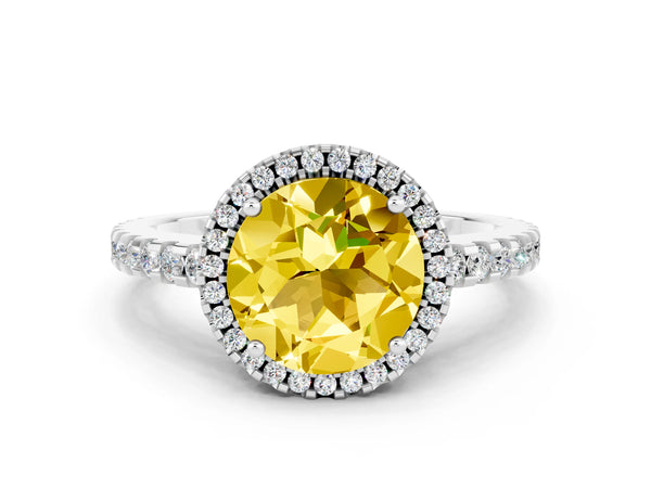 Platinum Round Cut Yellow Sapphire Halo Engagement Ring with Pavé Band and Prong Setting