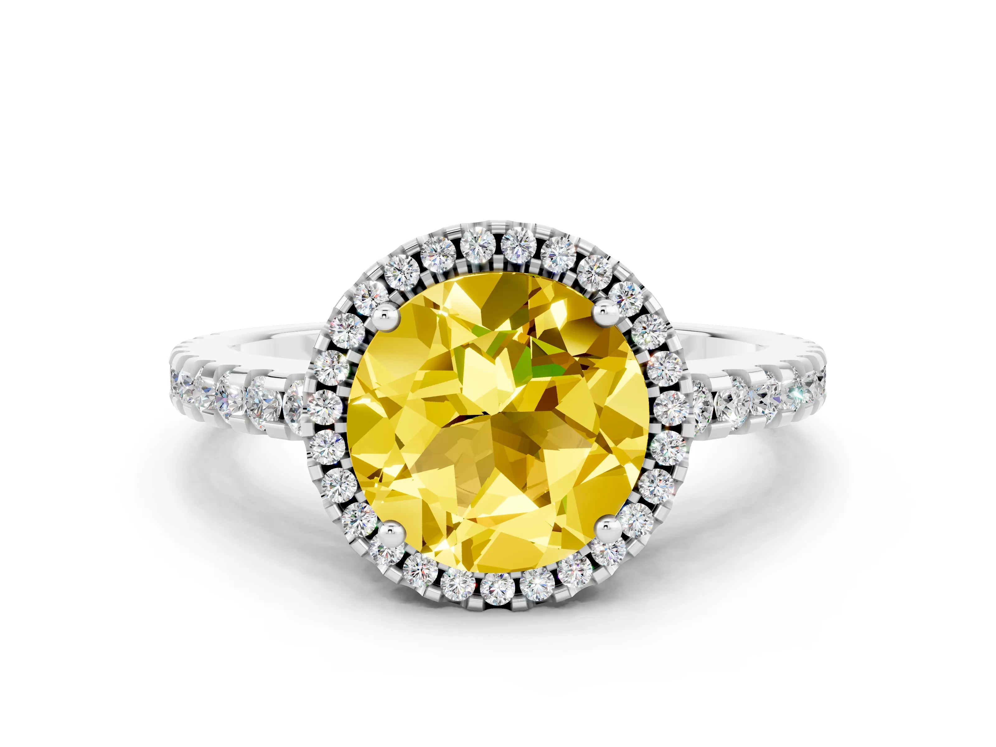 White gold Round Cut Yellow Sapphire Halo Engagement Ring with Pavé Band and Prong Setting_12
