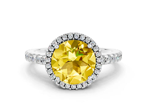 White gold Round Cut Yellow Sapphire Halo Engagement Ring with Pavé Band and Prong Setting_12