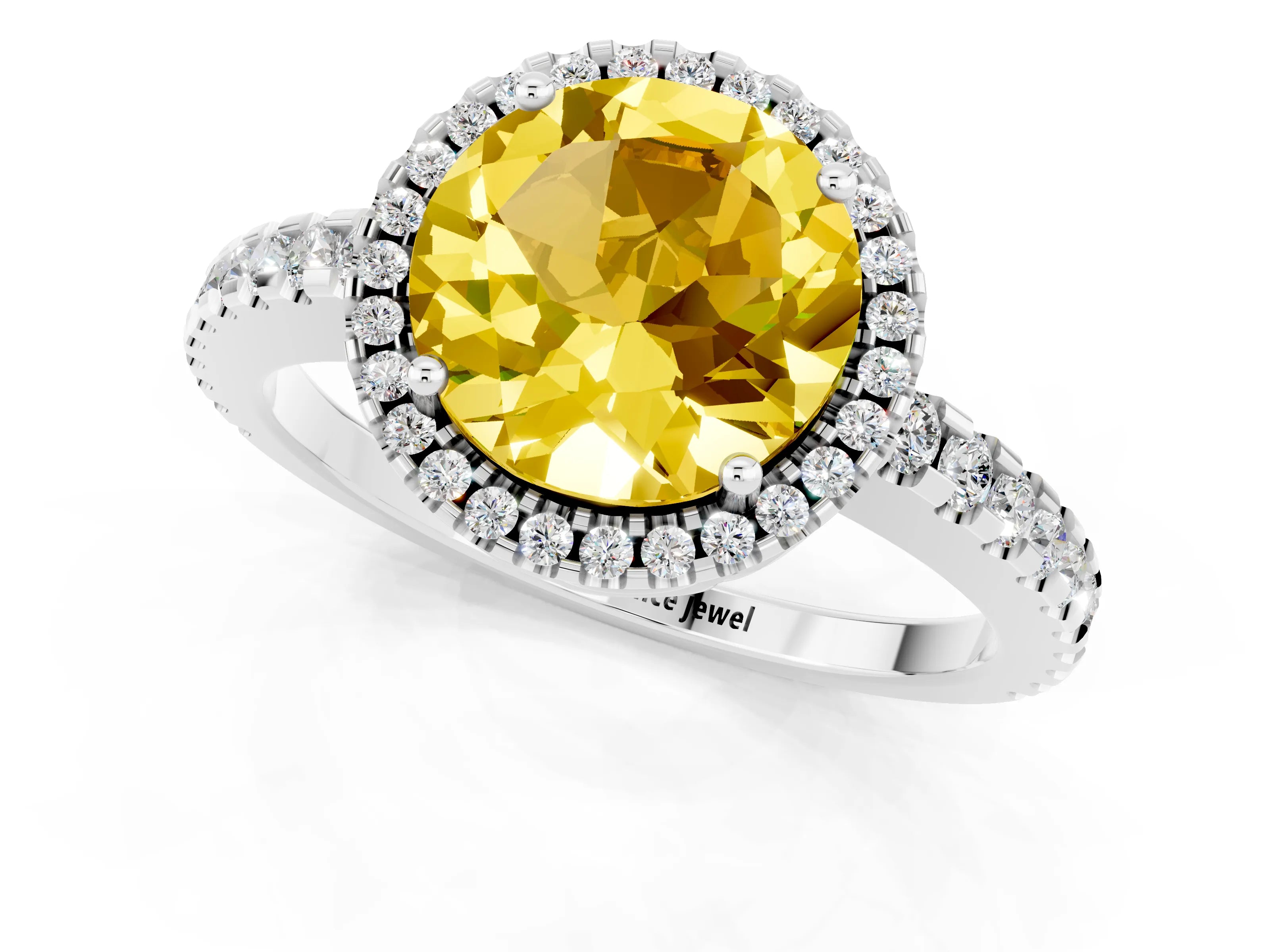 White gold Round Cut Yellow Sapphire Halo Engagement Ring with Pavé Band and Prong Setting_13