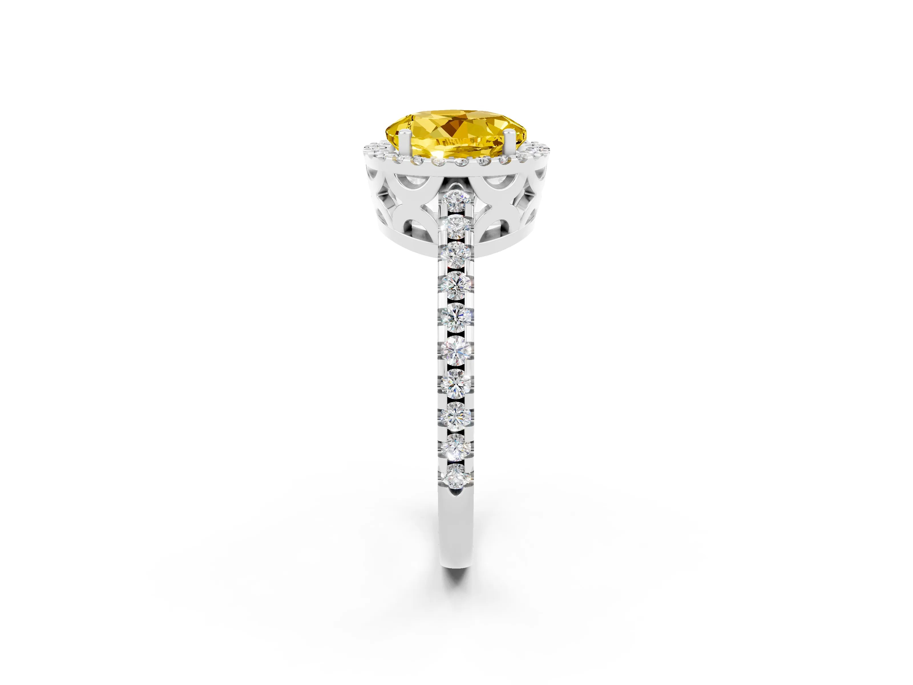 White gold Round Cut Yellow Sapphire Halo Engagement Ring with Pavé Band and Prong Setting_14