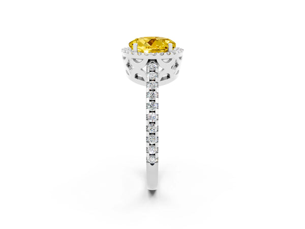 Silver Round Cut Yellow Sapphire Halo Engagement Ring with Pavé Band and Prong Setting