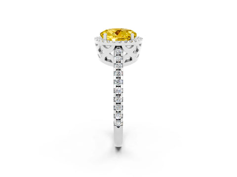 White gold Round Cut Yellow Sapphire Halo Engagement Ring with Pavé Band and Prong Setting_14