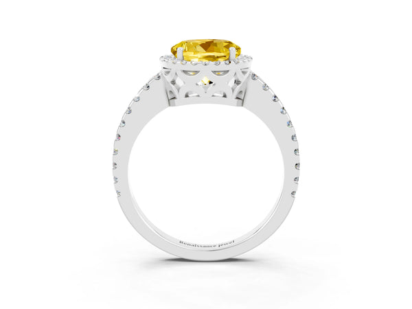 Platinum Round Cut Yellow Sapphire Halo Engagement Ring with Pavé Band and Prong Setting