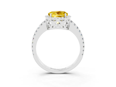 White gold Round Cut Yellow Sapphire Halo Engagement Ring with Pavé Band and Prong Setting_15