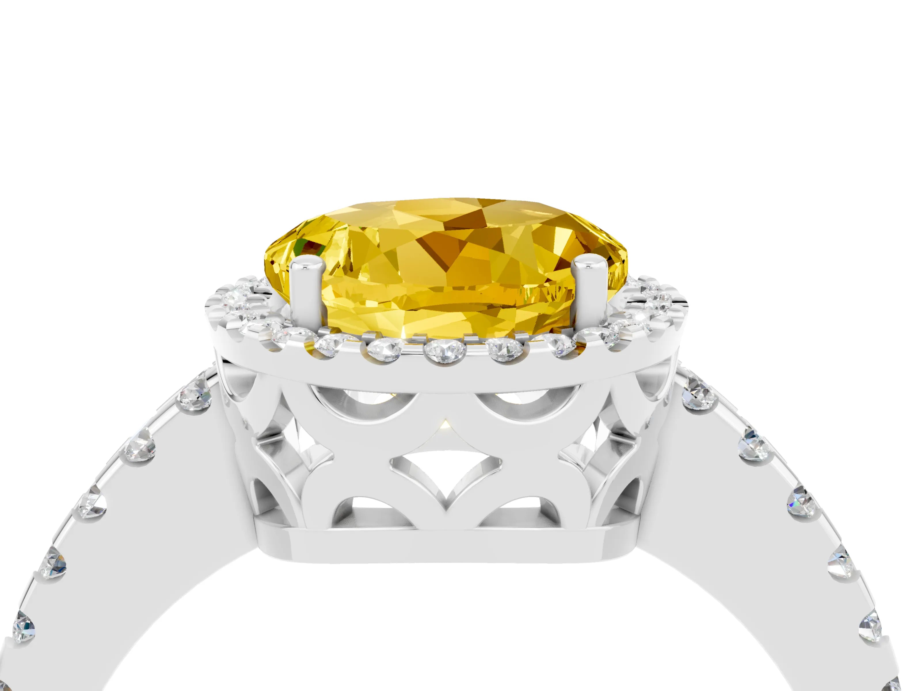 White gold Round Cut Yellow Sapphire Halo Engagement Ring with Pavé Band and Prong Setting_16