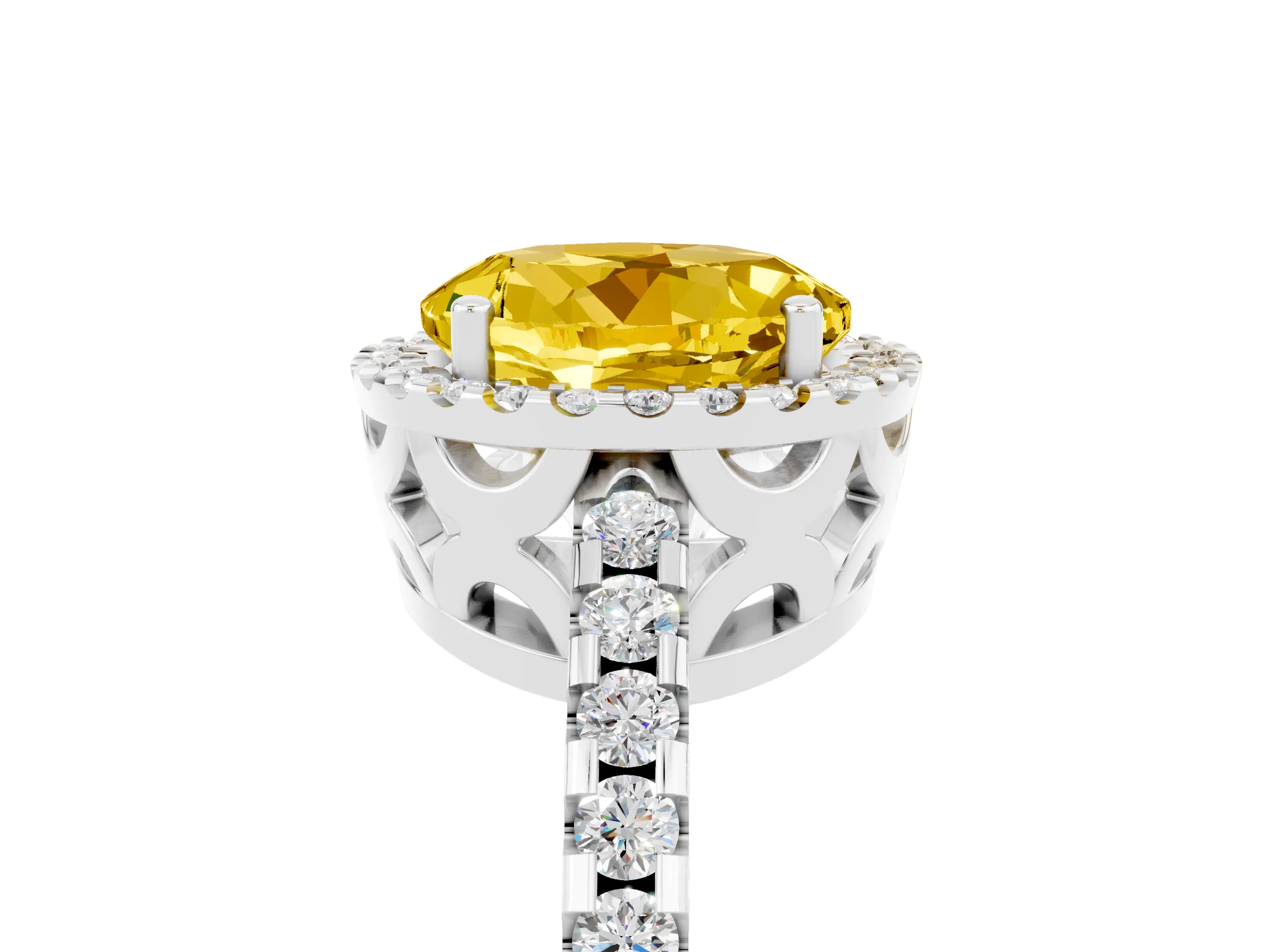 White gold Round Cut Yellow Sapphire Halo Engagement Ring with Pavé Band and Prong Setting_17