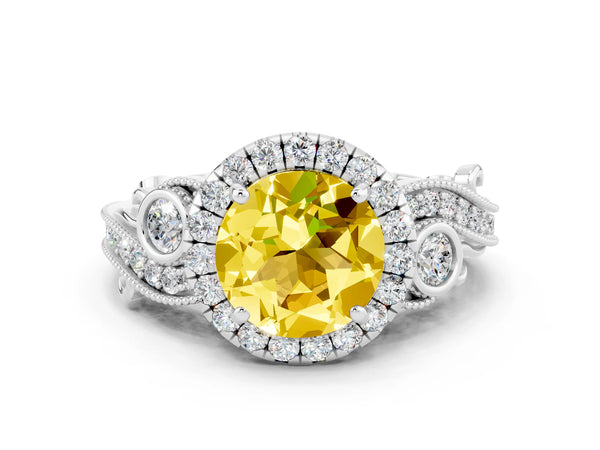Platinum Round Cut Yellow Sapphire Halo Ring with Milgrain Pavé Band and Four-Prong Setting