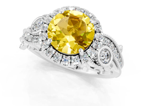 Silver Round Cut Yellow Sapphire Halo Ring with Milgrain Pavé Band and Four-Prong Setting