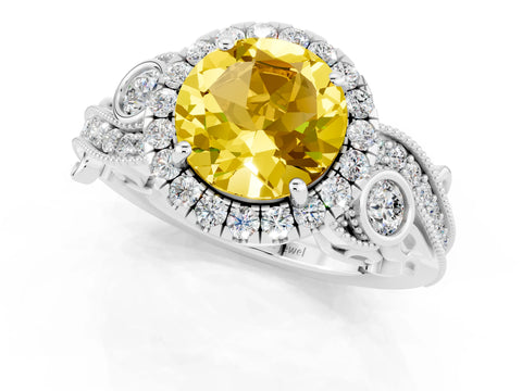 White gold Round Cut Yellow Sapphire Halo Ring with Milgrain Pavé Band and Four-Prong Setting_13