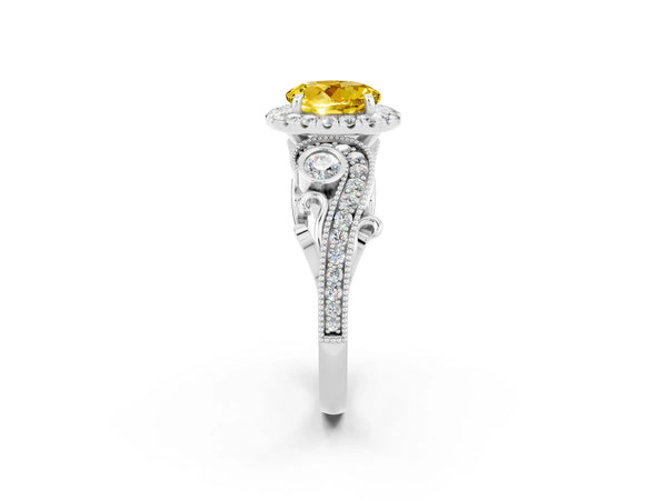 White gold Round Cut Yellow Sapphire Halo Ring with Milgrain Pavé Band and Four-Prong Setting