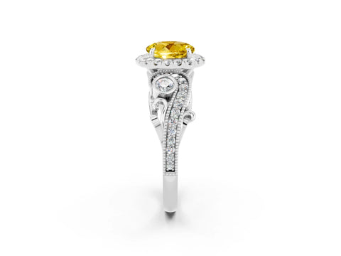 White gold Round Cut Yellow Sapphire Halo Ring with Milgrain Pavé Band and Four-Prong Setting_14
