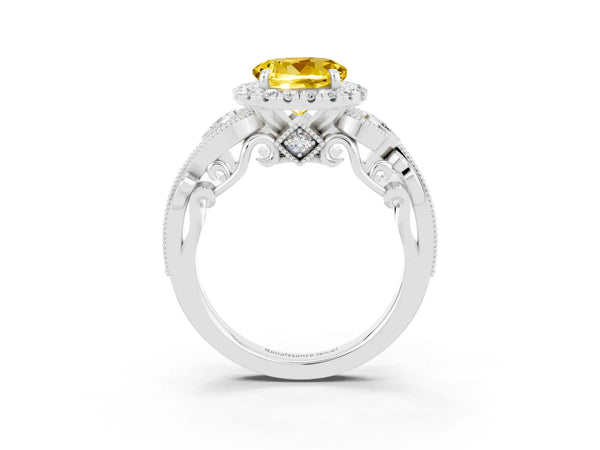White gold Round Cut Yellow Sapphire Halo Ring with Milgrain Pavé Band and Four-Prong Setting