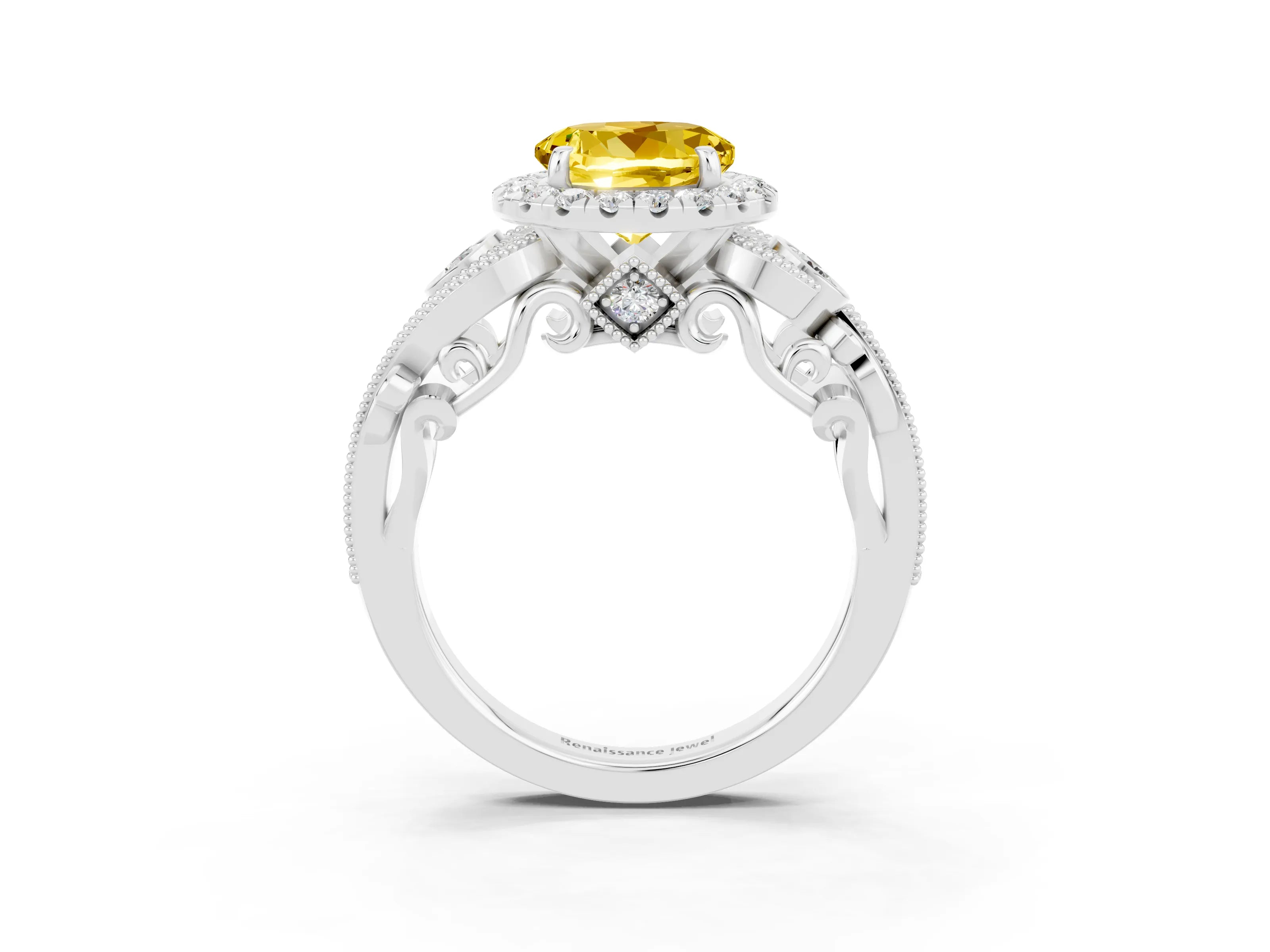 White gold Round Cut Yellow Sapphire Halo Ring with Milgrain Pavé Band and Four-Prong Setting_15