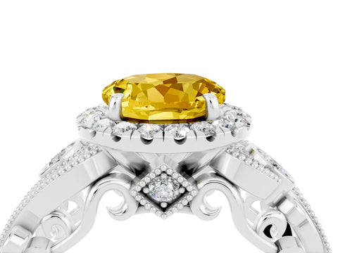 White gold Round Cut Yellow Sapphire Halo Ring with Milgrain Pavé Band and Four-Prong Setting_16