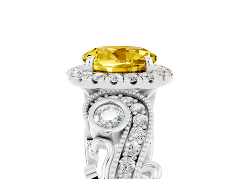 White gold Round Cut Yellow Sapphire Halo Ring with Milgrain Pavé Band and Four-Prong Setting_17