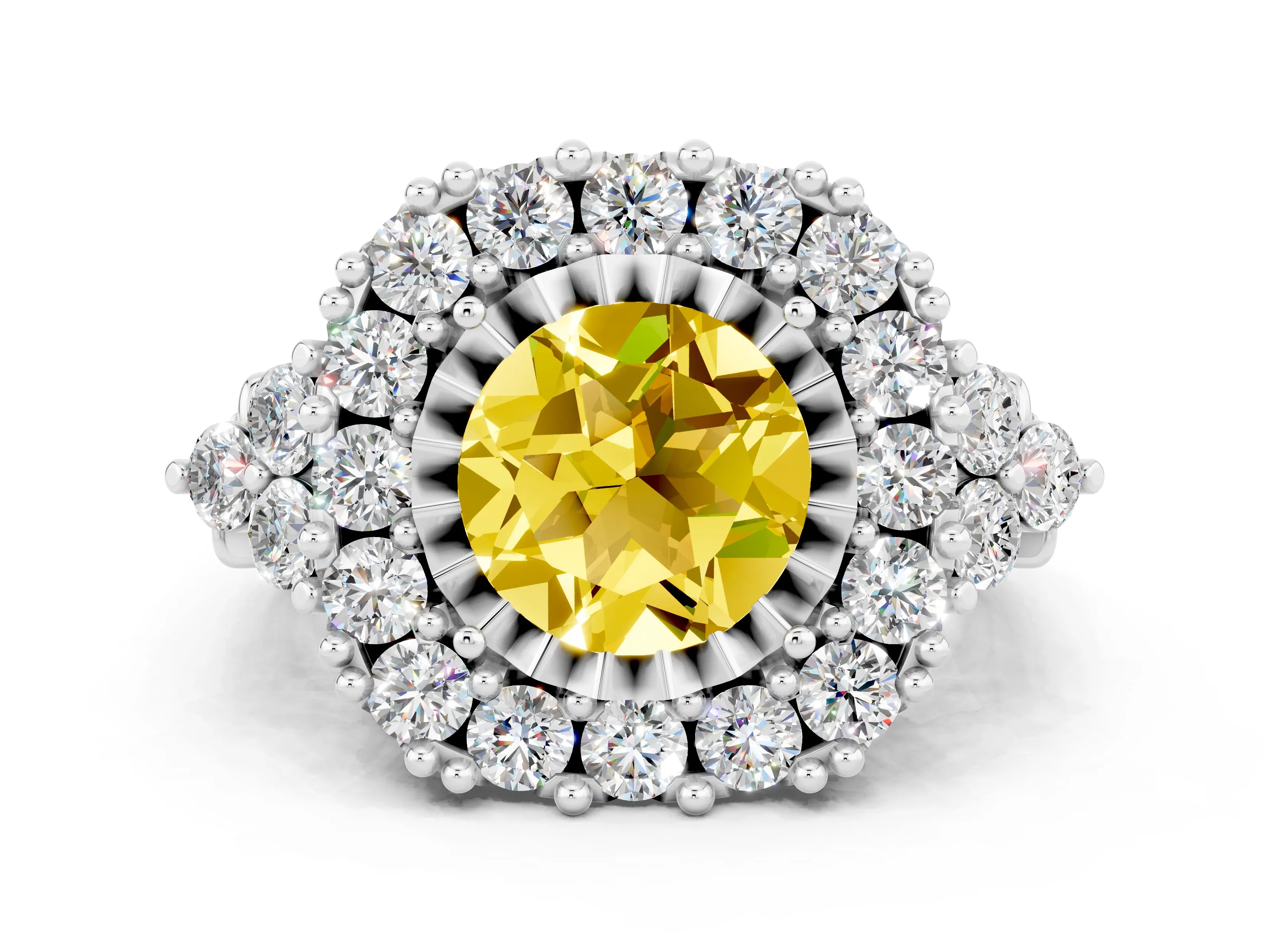 White gold Round Cut Yellow Sapphire Halo Ring with Pavé Band and Four-Prong Setting_12