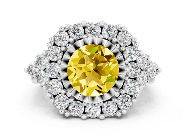 Silver Round Cut Yellow Sapphire Halo Ring with Pavé Band and Four-Prong Setting