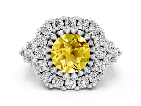 White gold Round Cut Yellow Sapphire Halo Ring with Pavé Band and Four-Prong Setting_12