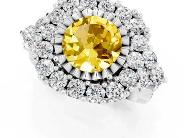 Silver Round Cut Yellow Sapphire Halo Ring with Pavé Band and Four-Prong Setting