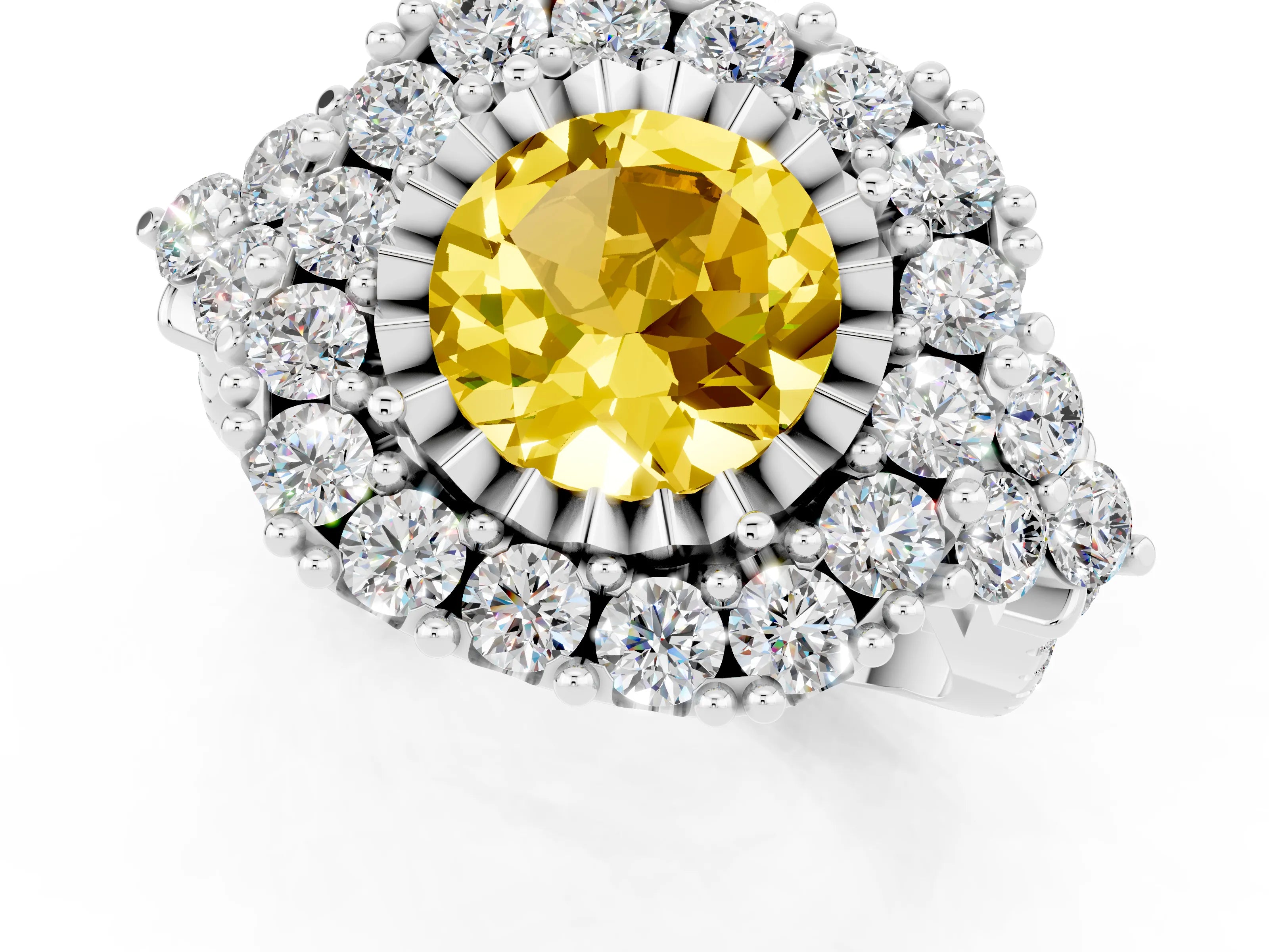 White gold Round Cut Yellow Sapphire Halo Ring with Pavé Band and Four-Prong Setting_13