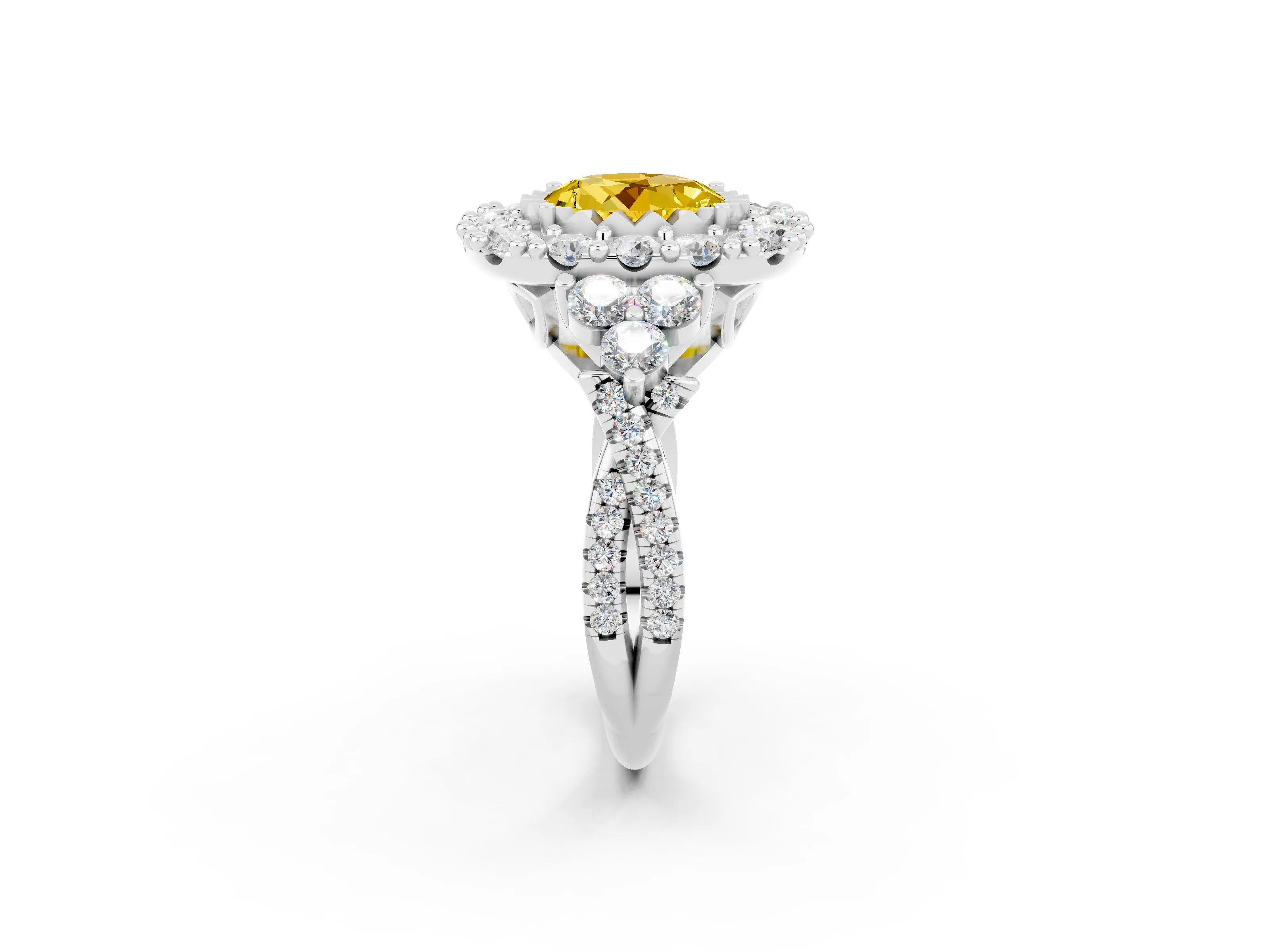 White gold Round Cut Yellow Sapphire Halo Ring with Pavé Band and Four-Prong Setting_14