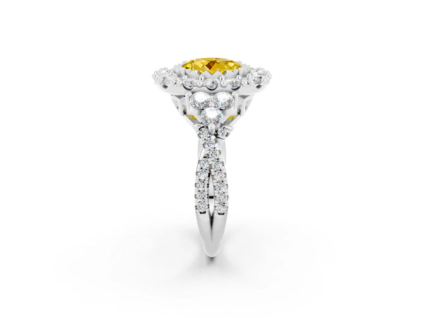 White gold Round Cut Yellow Sapphire Halo Ring with Pavé Band and Four-Prong Setting