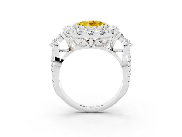 Platinum Round Cut Yellow Sapphire Halo Ring with Pavé Band and Four-Prong Setting