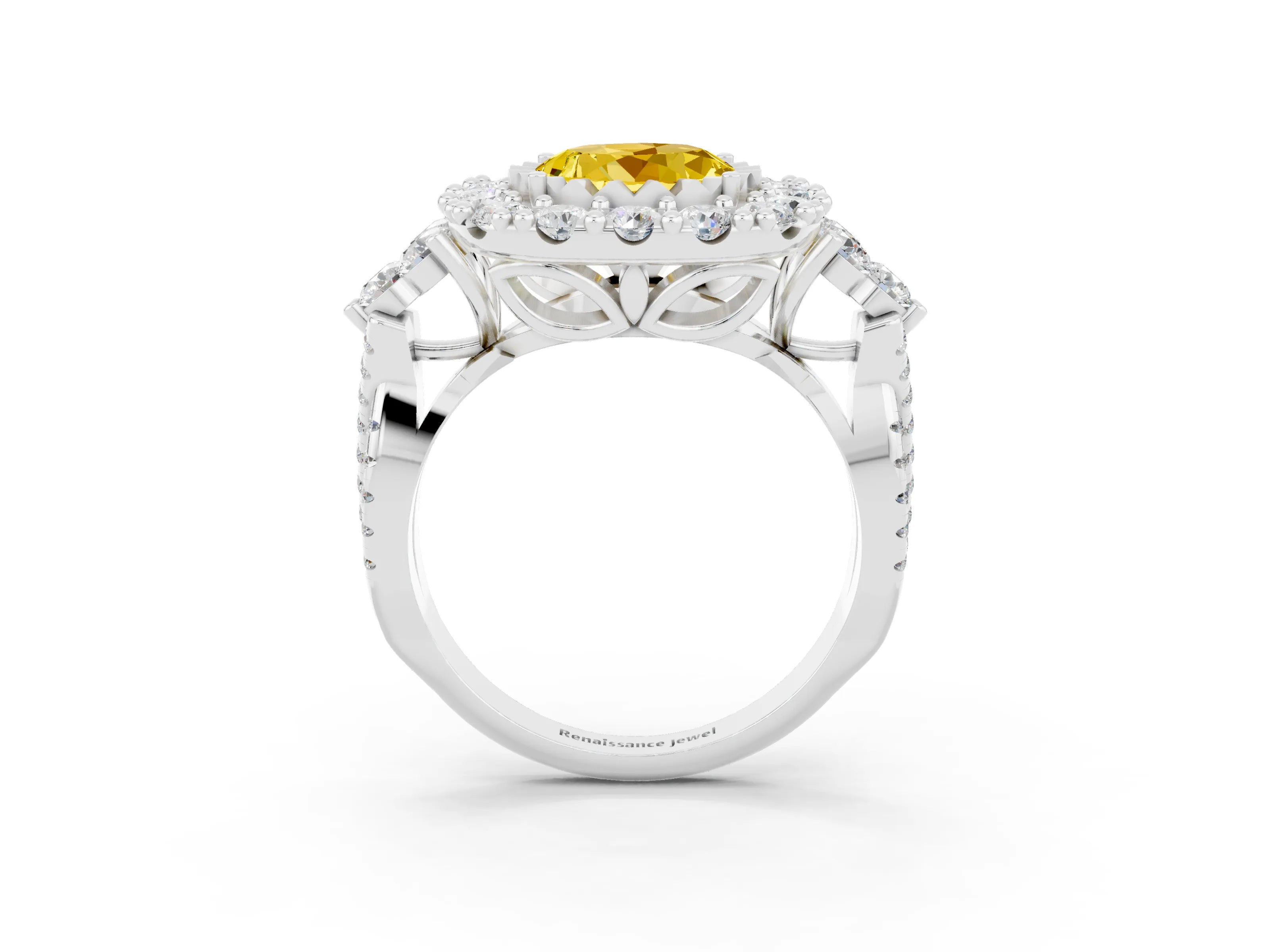 White gold Round Cut Yellow Sapphire Halo Ring with Pavé Band and Four-Prong Setting_15