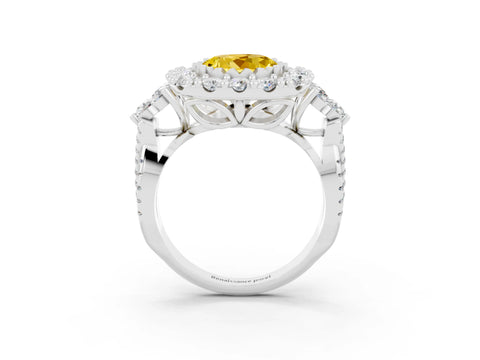 White gold Round Cut Yellow Sapphire Halo Ring with Pavé Band and Four-Prong Setting_15