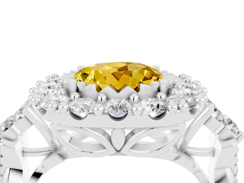 White gold Round Cut Yellow Sapphire Halo Ring with Pavé Band and Four-Prong Setting_16