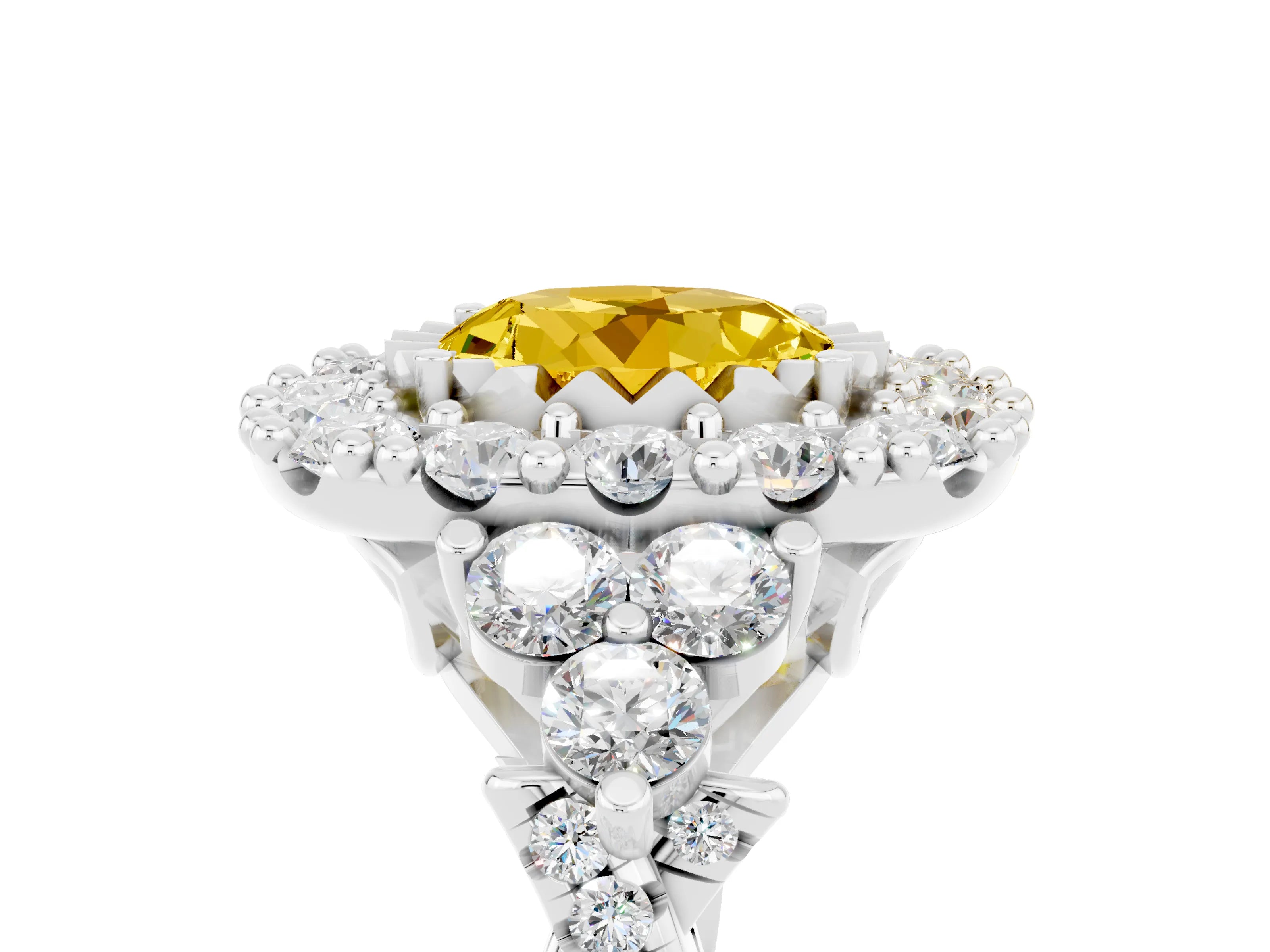 White gold Round Cut Yellow Sapphire Halo Ring with Pavé Band and Four-Prong Setting_17