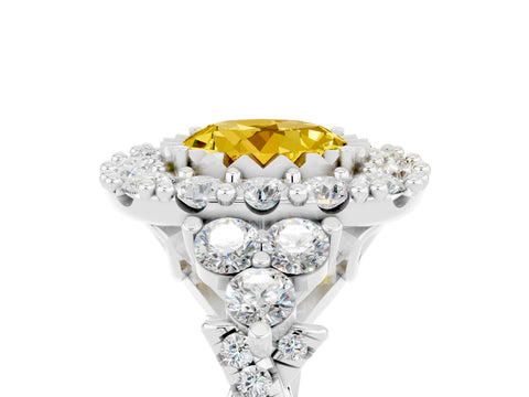 White gold Round Cut Yellow Sapphire Halo Ring with Pavé Band and Four-Prong Setting_17
