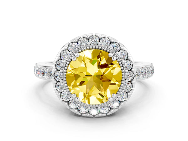 Platinum Round Cut Yellow Sapphire Halo Ring with Pavé Band and Prong Setting