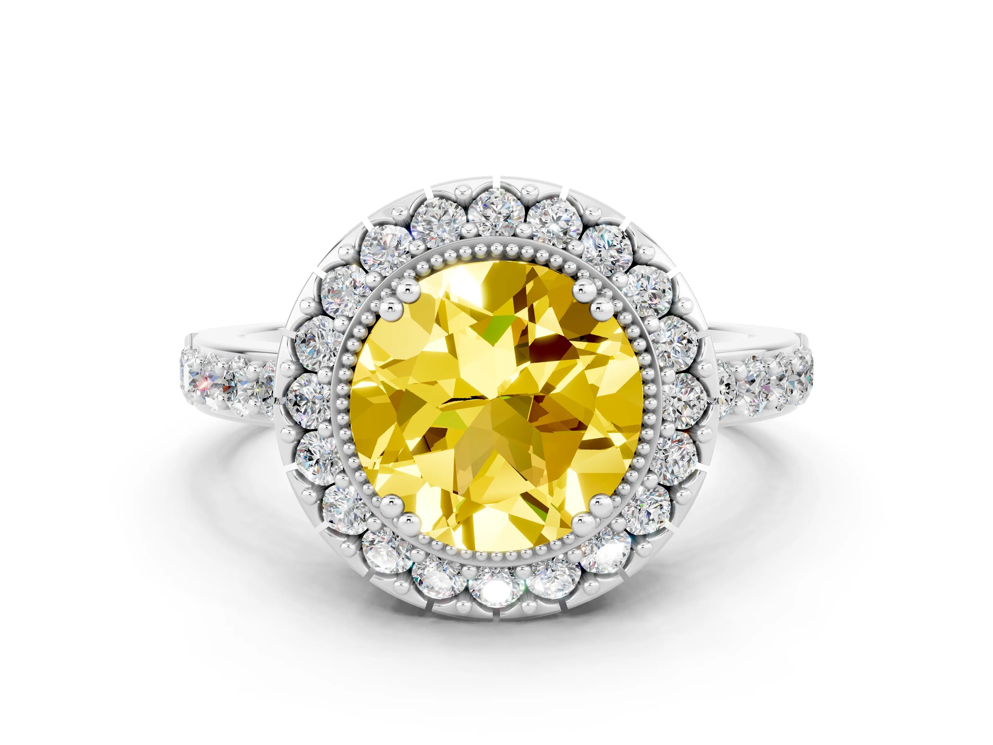 White gold Round Cut Yellow Sapphire Halo Ring with Pavé Band and Prong Setting