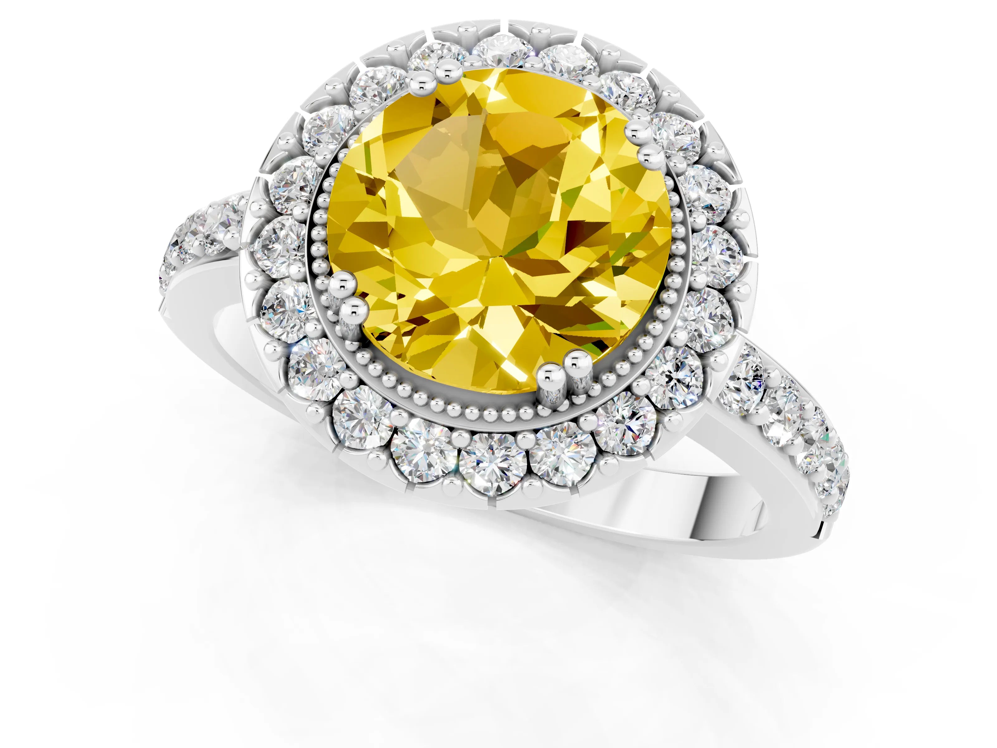 White gold Round Cut Yellow Sapphire Halo Ring with Pavé Band and Prong Setting_1
